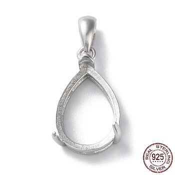 Rhodium Plated Rack Plating 925 Sterling Silver Pendants Cabochon Settings, Teardrop Prong Basket Setting, with 925 Stamp, Real Platinum Plated, 22x10x6mm, Hole: 2.5x5mm