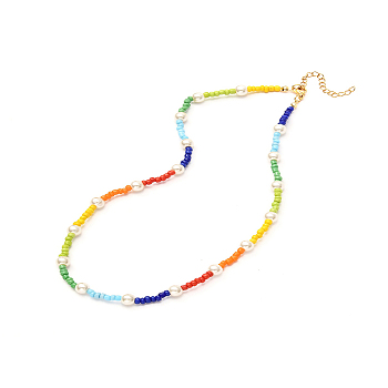 Glass Seed & Glass Pearl Beaded Necklace for Girl Women, Colorful, 15.94 inch(40.2cm)