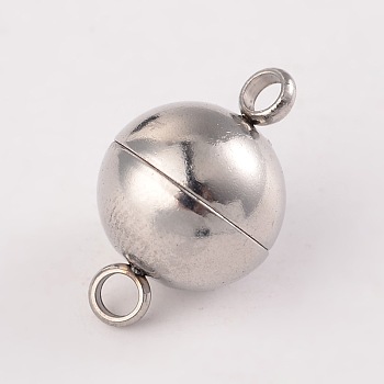 Round 304 Stainless Steel Magnetic Clasps with Loops, Stainless Steel Color, 13x8mm, Hole: 2mm