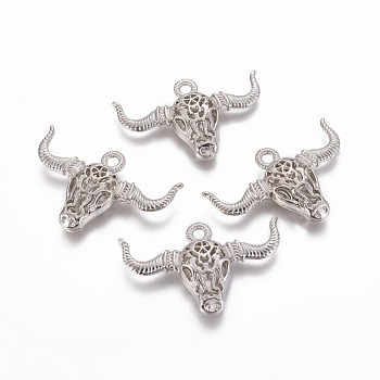 Tibetan Style Alloy Hollow Pendants, Cattle Skull Head, Platinum, 35x53x9mm, Hole: 3mm