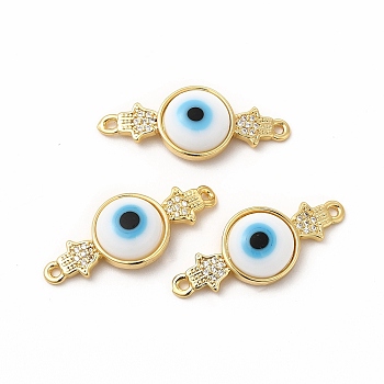 Rack Plating Real 18K Gold Plated Brass Micro Pave Clear Cubic Zirconia Connector Charms, Hamsa Hand and Evil Eye Links, with Handmade Lampwork, Cadmium Free & Lead Free, Long-Lasting, White, 29.5x12x5mm, Hole: 1.4mm