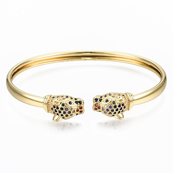 Brass Micro Pave Cubic Zirconia Cuff Bangles, Nickel Free, Leopard, Colorful, Real 16K Gold Plated, Inner Diameter: 2-5/8x2-1/8 inch(6.6x5.3cm), 10mm