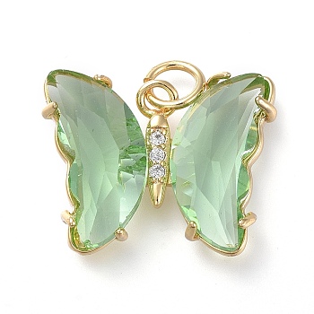 Brass Micro Pave Clear Cubic Zirconia Pendant, with Glass, Butterfly, Golden, Dark Sea Green, 18mm
