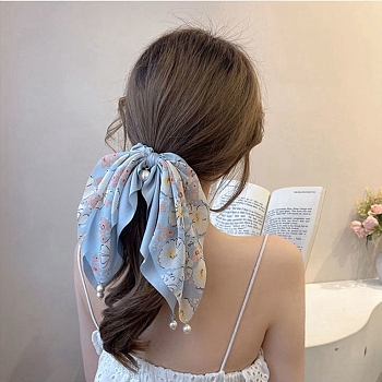 Flower Pattern Polyester Elastic Hair Accessories, for Girls or Women, with Plastic Imitation Pearl Bead, Scrunchie/Scrunchy Hair Ties with Long Tail, Knotted Bow Hair Scarf, Light Steel Blue, 210mm