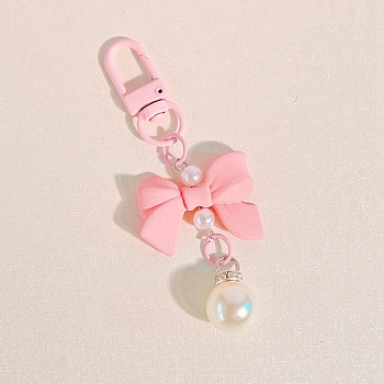 Macaron Color Plastic Bowknot and Round Pendant Keychain, with Clasp, Pink, 90mm