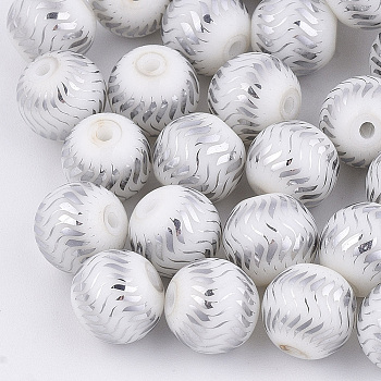 Electroplate Glass Beads, Round with Wave Pattern, Silver, 8~8.5mm, Hole: 1.5mm