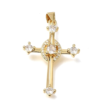 Brass Micro Pave Clear Cubic Zirconia Pendants, Cross with Oval Charms, Lead Free & Cadmium Free, Long-Lasting Plated, Rack Plating, Real 18K Gold Plated, 32x22x4mm, Hole: 4x3mm