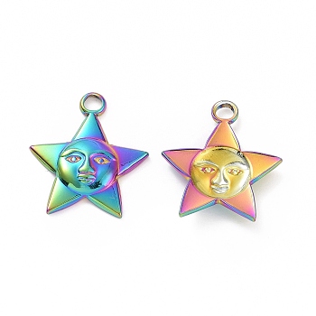 Ion Plating(IP) 304 Stainless Steel Pendants, Star with Human Face Charm, Rainbow Color, 21x18.5x3mm, Hole: 2.5mm