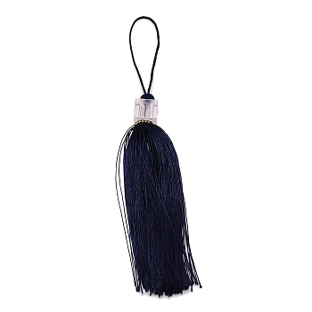 Polyester Tassel Pendant Decorations, with Transparent Cube Beads, Midnight Blue, 248x18mm