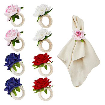 8Pcs 4 Style Artificial Rose Polyseter Napkin Rings, with Hemp Rope, Table Napkin Holder Adornment, for Wedding Banquet Valentine's Day Dinner Table Decorations, Mixed Color, Inner Diameter: 36mm, 2pcs/style