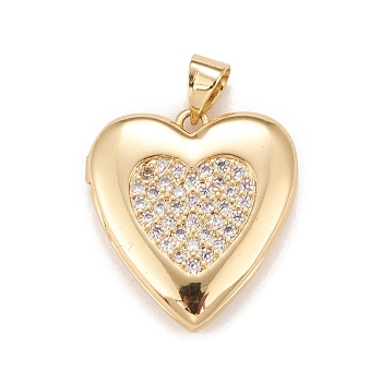 Brass Micro Pave Cubic Zirconia Locket Pendants, Photo Frame Charms for Necklaces, Real 18K Gold Plated, Lead Free & Cadmium Free, Heart, Clear, 20.5x19x5mm, Hole: 4x3mm, Inner Diameter: 12x13.5mm