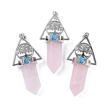 Natural Rose Quartz Faceted Pointed Bullet Big Pendants, Rack Plating Brass Tree of Life Triangle Charms, Platinum, Lead Free & Cadmium Free, 56~57x26.5~27x16.5~17mm, Hole: 6x4mm