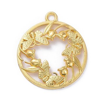 Zinc Alloy Open Back Bezel Pendants, For DIY UV Resin, Epoxy Resin, Pressed Flower Jewelry, Flat Round with Butterfly, Golden, 34x30x4mm, Hole: 3mm