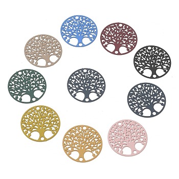 Spray Painted 430 Stainless Steel Connector Charms, Flat Round with Tree of Life Link, Mixed Color, 20x0.5mm, Hole: 1.8mm