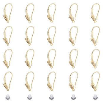 10 Pairs Rack Plating Brass Micro Pave Cubic Zirconia Earrings Hooks, with Vertical Loops, Heart, Lead Free & Cadmium Free, with 50Pcs Plastic Ear Nuts, Real 18K Gold Plated, 20.5x13x1.5mm, Hole: 1mm, Pin: 0.8mm
