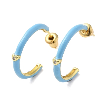 Real 18K Gold Plated Brass Ring Stud Earrings, Half Hoop Earrings with Enamel, Sky Blue, 19.5x2.5mm