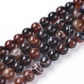 Natural Striped Agate/Banded Agate Beads Strands, Dyed & Heated, Round, Coconut Brown, 6mm, Hole: 1mm, about 63pcs/strand, 14.57 inch(37cm)