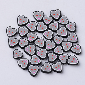 Handmade Polymer Clay Nail Art Decoration Accessories, Fashion Nail Care Cabochons, Heart with Smile, Dark Gray, 9~12x9~12x2mm, about 2000~2500pcs/500g