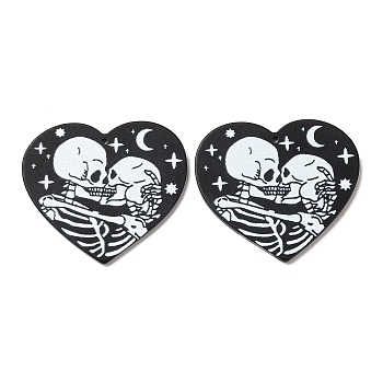 Heart with Skull Pattern Opaque Double-sided Printed Acrylic Pendants, for Halloween, Black, 37.5x42.5x2.5mm, Hole: 1.5mm