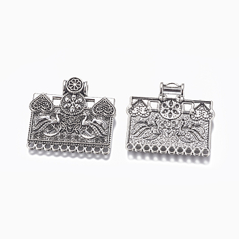 Alloy Chandelier Components Links, Rectangle with Flower, Antique Silver, 45x49.5x3mm, Hole: 4.5mm