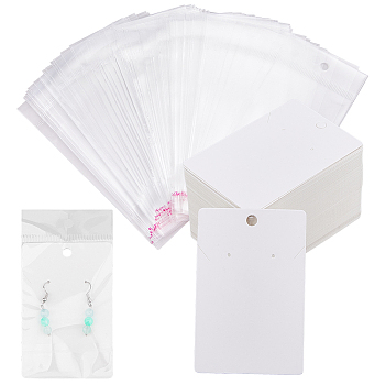 150Pcs Rectangle Paper One Pair Earring Display Cards with Hanging Hole, with 150Pcs OPP Cellophane Bags, White, Card: 9x6x0.06cm, Hole: 6mm and 1.6mm