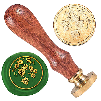 Wax Seal Stamp Set, 1Pc Golden Tone Sealing Wax Stamp Solid Brass Head, with 1Pc Wood Handle, for Envelopes Invitations, Gift Card, Leaf, 83x22mm, Stamps: 25x14.5mm