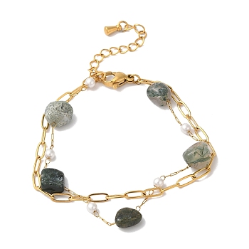 Nuggets Natural Moss Agate & Imitation Pearl Multi-Strand Bracelets, Ion Plating(IP) 304 Stainless Steel Paperclip Chain Bracelets for Women, Golden, 6-1/2 inch(16.4cm)