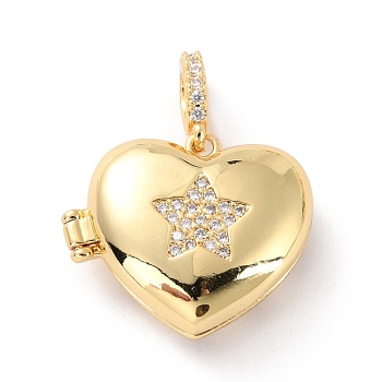 Brass Micro Pave Cubic Zirconia Diffuser Locket Pendants, Long-Lasting Plated, Heart with star, Real 18K Gold Plated, 19.5x22.5x8.5mm, Hole: 3.2x5mm