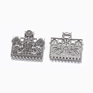 Alloy Chandelier Components Links, Rectangle with Flower, Antique Silver, 45x49.5x3mm, Hole: 4.5mm(PALLOY-E506-10AS)
