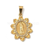 Virgin Mary Theme 304 Stainless Steel Pendants, with Rhinestone and 201 Stainless Steel Snap On Bails, Golden, Ion Plating(IP), Flower, 26.5x20.5x3mm, Hole: 6x3.5mm(STAS-F336-05A-G)