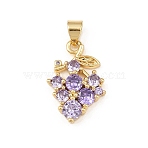 Brass Pave Cubic Zirconia Pendants, Grape Charm, Long-Lasting Plated, Cadmium Free & Lead Free, Real 18K Gold Plated, Lilac, 20.5x14x3.5mm, Hole: 5x3.5mm(X1-KK-F919-28G-02)