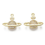 Brass Micro Pave Clear Cubic Zirconia Charms, Nickel Free, Planet, Real 18K Gold Plated, 12.5x15x3mm, Hole: 0.8mm(KK-S348-554-NF)