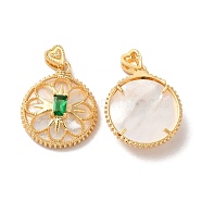 Brass Emerald Rhinestone Pendants, Flat Round Charms with Natural Shell, Real 18K Gold Plated, 21x18x6.4mm, Hole: 1.4x3.5mm and 1.8x1.8mm(KK-I703-13G)