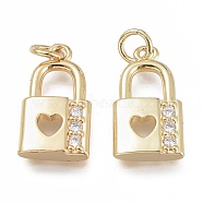 Brass Micro Pave Clear Cubic Zirconia Pendants, with Jump Ring, Lock with Heart, Real 18K Gold Plated, 18x10x3.5mm, Hole: 3mm, Jump Ring:5x0.8mm(X-KK-O127-07G)