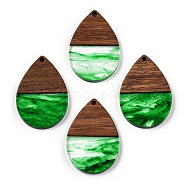 Transparent Resin & Walnut Wood Pendants, Teardrop Charms, Green, 36x24.5x3.5mm, Hole: 2mm(RESI-N039-25D)