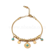 Synthetic Turquoise Flat Round Charm Bracelet, Ion Plating(IP) 304 Stainless Steel Jewelry for Women, Golden, 7 inch(17.8cm)(BJEW-G669-02G)