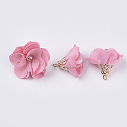 Handmade Cloth Pendant Decorations, with Alloy Findings, Flower, Pink, 24~26x24~25mm, Hole: 2mm(FIND-063-01I)