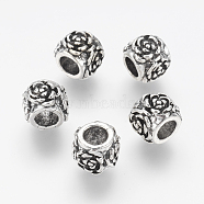 Alloy European Beads, Large Hole Beads, Rondelle with Flower Pattern, Antique Silver, 10x8mm, Hole: 5mm(PALLOY-J707-05AS)