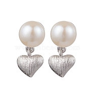 Natural Pearl Ear Studs, with Sterling Silver Findings, Heart, Platinum, 15x8mm(EJEW-P286-36P)