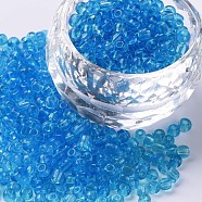 Glass Seed Beads, Transparent, Round, Round Hole, Deep Sky Blue, 8/0, 3mm, Hole: 1mm, about 1111pcs/50g, 50g/bag, 18bags/2pounds(SEED-US0003-3mm-3B)