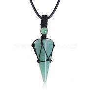 Natural Green Aventurine Cone Braided Pendant Necklace, Gemstone Wrapped Jewelry for Women, 31.18 inch~33 inch(79.2~84cm)(NJEW-SZ0001-59F)