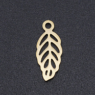 201 Stainless Steel Charms, Leaf, Hollow, Golden, 15x6.5x1mm, Hole: 1.5mm(STAS-N090-JN816-2)