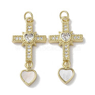 Brass Micro Pave Cubic Zirconia Pendants, with Shell, Cross & Heart, Real 18K Gold Plated, 32x15x3.5mm, Hole: 3mm(KK-G485-29A-G)