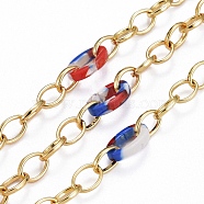Handmade Brass Cable Chains Chains, with Acrylic Quick Link Connector, Soldered, Real 18K Gold Plated, Blue, Link: 8x6x1mm, Acrylic: 11x7x2.5mm(CHC-H102-11G-A)