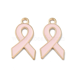 Light Gold Tone Zinc Alloy Enamel Pendants, October Breast Cancer Pink Awareness Ribbon, Pink, 27.5x15x1mm, Hole: 2.5mm(ENAM-WH0061-10A-02)