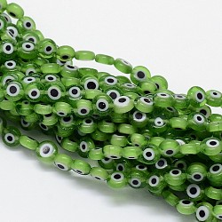 Handmade Evil Eye Lampwork Flat Round Bead Strands, Lime Green, 6x3mm, Hole: 1mm, about 65pcs/strand, 14 inch(LAMP-L058-6mm-02)