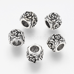 Alloy European Beads, Large Hole Beads, Rondelle with Flower Pattern, Antique Silver, 10x8mm, Hole: 5mm(PALLOY-J707-05AS)