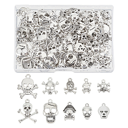 ARRICRAFT 100Pcs 10 Style Tibetan Style Alloy Charms, Cadmium Free & Lead Free, Skull, Antique Silver, 13.5~64x10~21x2~4.5mm, Hole: 1.5~2mm, 10pcs/style(FIND-AR0002-11)