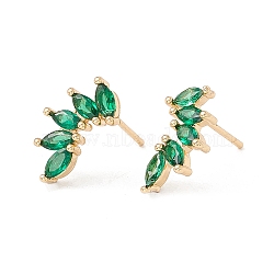 Green Clear Cubic Zirconia Leaf Stud Earrings, Brass Jewelry for Women, Lead Free & Cadmium Free, Real 18K Gold Plated, 14x8mm, Pin: 0.8mm(X-KK-E005-22G)
