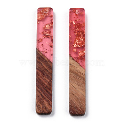 Transparent Resin & Walnut Wood Big Pendants, with Gold Foil, Rectangle Charm, Light Coral, 51.5x7.5x3mm, Hole: 1.8mm(RESI-TAC0017-03A)